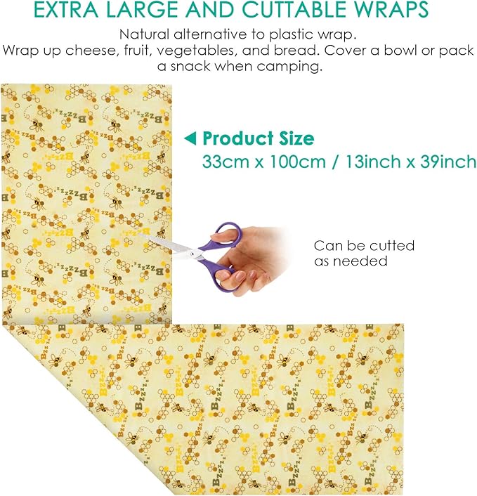 Beeswax Food Wraps 1 Meter Roll 13 x 39 Inch Reusable Beeswax Wraps Eco-Friendly Sustainable Food Storage Wraps for Sandwich, Cheese, Fruit, Bread, Snacks (Bee Pattern) (1, 13x39 英寸)