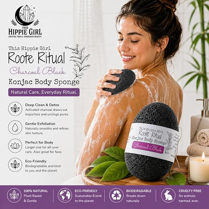 Roote Ritual Konjac Body Sponge – 100% Natural Exfoliating Shower Sponge for Sensitive Skin – Gently Deep Cleanses & Softens, Earth-Friendly, Biodegradable, Vegan – for Women, Men (Charcoal Black)