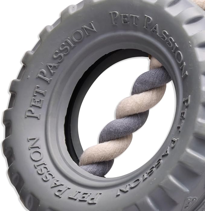 Pet Passion Natural Rubber Tire and Organic Cotton Rope Pull and Chew Dog Toy for All Pet Breeds, Gray, Large
