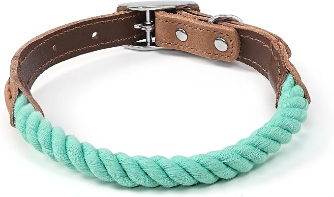 Mile High Life Genuine Leather Dog Collar, Durable Braided Cotton Rope Collar with Metal Pin Buckle for Small Medium Large Dogs (Green, M Neck 15"-18")
