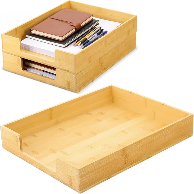 Mifoci 2 Pcs Wood Letters Tray Bamboo Stackable Paper Organizer Letter Tray, Desktop File for A4 Documents, Wooden Office Paper Holder Stacking for Home School Workspace