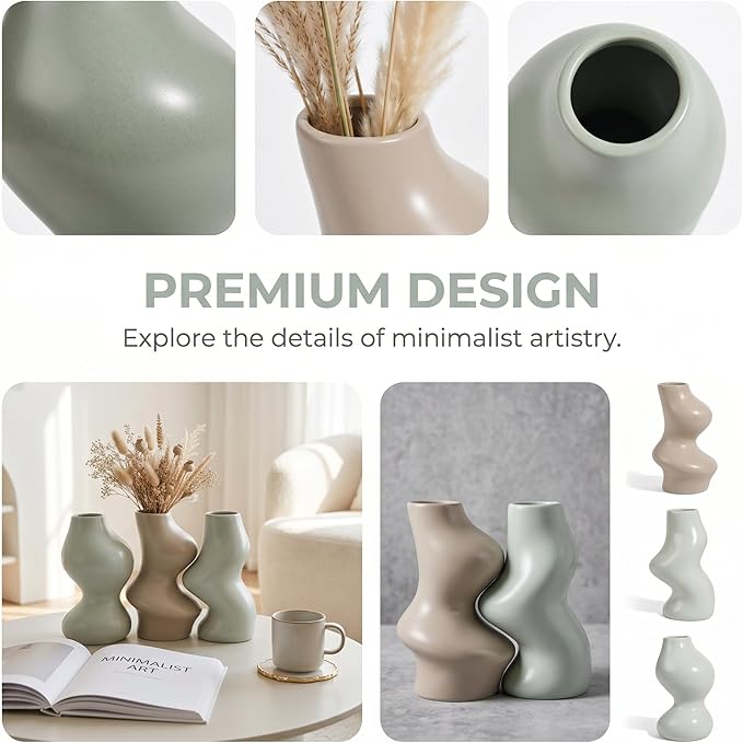 BosilunLife Decorative Vase Set of 3, Nested Interlocking Recycled Ceramic, Smooth Glossy Pastel Modern Decor, Sage Green & Khaki Centerpiece for Bookshelf