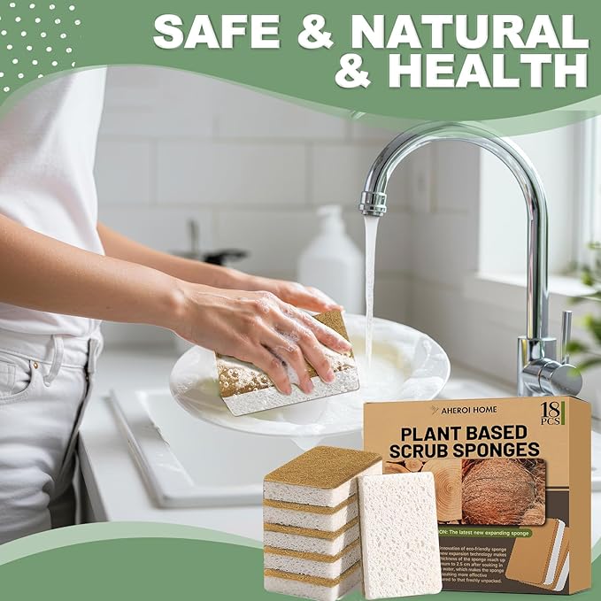 Aheroi Natural Dish Sponge, 18 Count FSC Certified Plant-Based Biodegradable Kitchen Sponges for Dishes, Compostable Eco Friendly Sponges, Organic Cleaning Sponge Dish Scrubber Products for Household