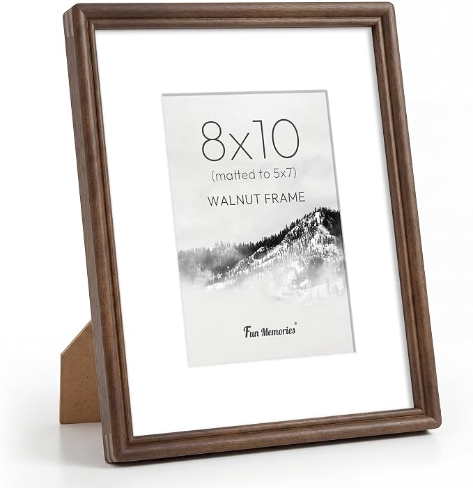 8x10 Picture Frame with Mat for 5x7, USA-Sourced Natural Walnut Wood Handcrafted Rounded Corner with HD Tempered Glass, 8 x 10 Photo Frames Gallery Wall & Tabletop, Vertical or Horizontal Display