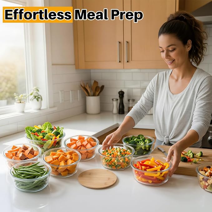 Blushtier 4 Pack 44 oz Borosilicate Glass Food Containers with Bamboo Lids, Stackable Glass Bowls for Meal Prep & Lunch, Microwave, Freezer and Dishwasher Safe