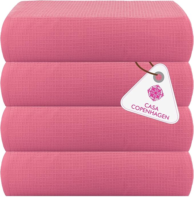 CASA COPENHAGEN Wafffle 4Pcs 100% Egyptian Cotton Large Designer Towels Gift Set- Pink, 55"x27", 4Bath Towels for Bathroom (Box Pack, Set for Women & Men)