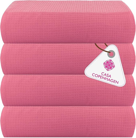 CASA COPENHAGEN Wafffle 4Pcs 100% Egyptian Cotton Large Designer Towels Gift Set- Pink, 55"x27", 4Bath Towels for Bathroom (Box Pack, Set for Women & Men)