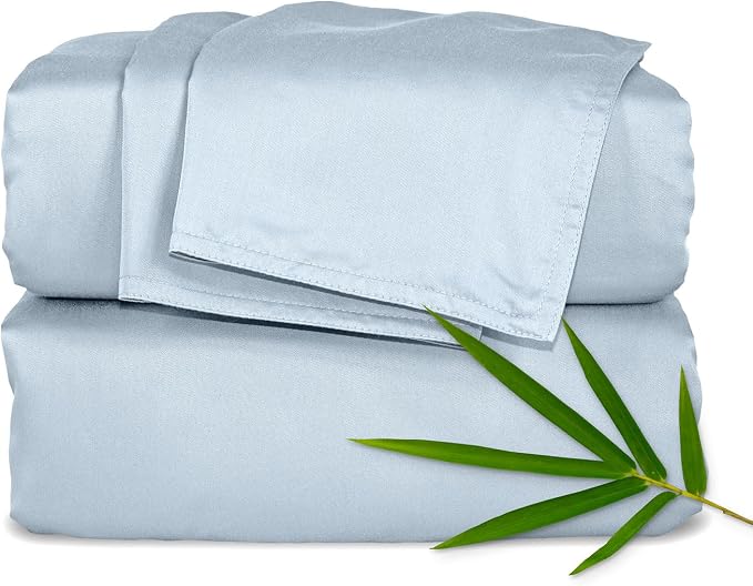 Pure Bamboo Queen Sheets, Genuine 100% Organic Viscose Derived from Bamboo Bed Sheet Set, Luxuriously Soft & Cooling, Double Stitching, 2 Year Quality Promise (Queen, Glacier)