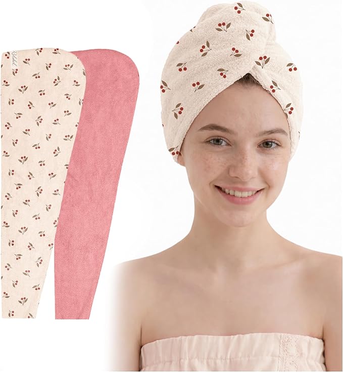 ROLSHOL Cotton Hair Towel Wrap for Women, 2 Pack 100% Cotton Hair Drying Towels for Long, Thick & Curly Hair, 32" x 11" Large Hair Turban for Wet Hair with Elastic Band (Pink)
