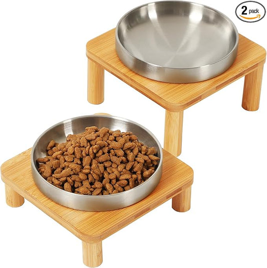 DoogCat Elevated Cat Bowls for Indoor Cats – Raised Bamboo Cat Bowl Stand with 5.5 Inch Wide Stainless Steel Dishes, Pet Food Table Plate for Easy Feeding, Whisker Friendly(Silver,Set of 2)