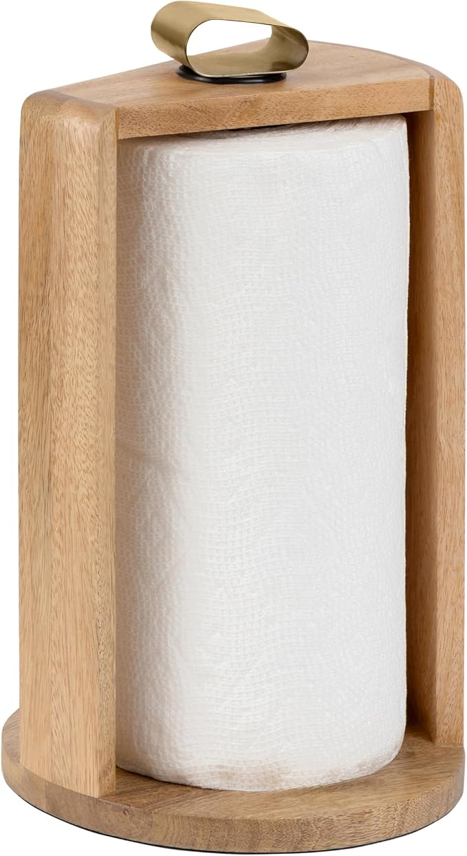 Anji Mountain Wooden Paper Towel Holder with Iron Holder, Holder Stand for Kitchen Roll Organizer & Kitchen Dining Table Home Décor, Countertop Fits Jumbo & Mega Rolls - Mango/Gold, Top Load