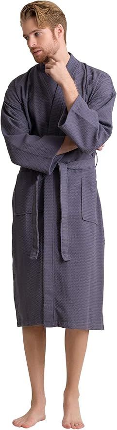 Men's Luxury Waffle Weaved Cotton Bathrobe - Lightweight & Soft - Quick Dry & Absorbent - Spa Robe for Men