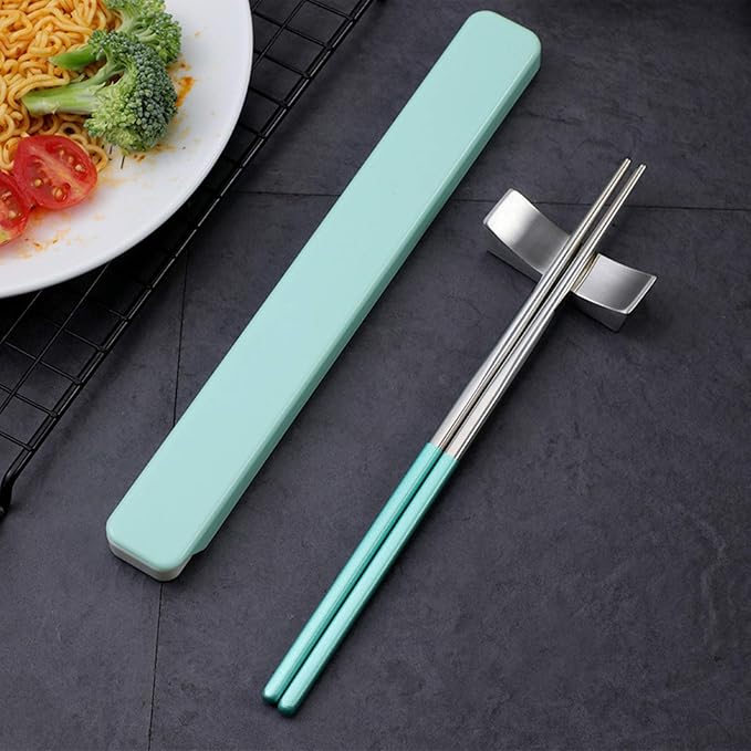 Portable Reusable Stainless Steel Chopsticks, 3 Pairs, Black Blue Green | With Case, For Camping, For Travel, For Bento Box