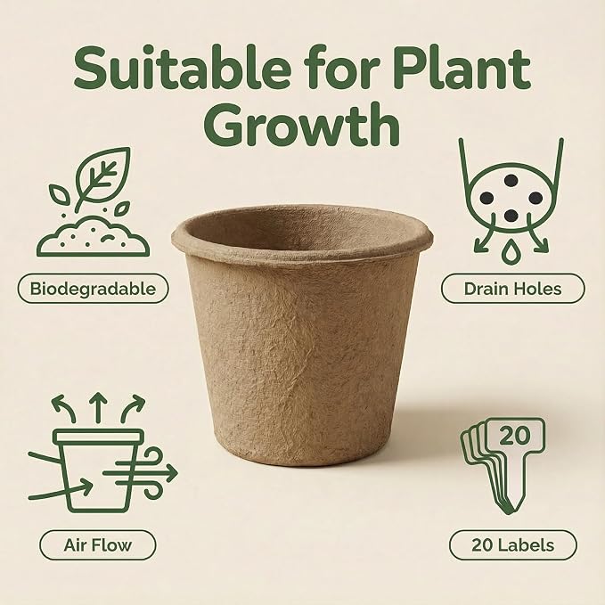 20 Packs 5 Inch Peat Pots with 20 Pcs Plant Labels, Biodegradable Seedling Pots with Drainage Holes, Nursery Pots Breathable Plant Containers, Seed Starter Kit for Vegetables, Flowers