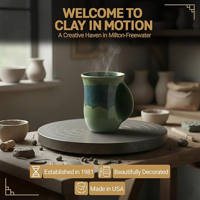 Clay in Motion Hand Warmer Coffee Mug – Handmade Coffee Mug With Comfortable Handle Contoured Pocket Hand Warming Ceramic Coffee Mug – Proudly Made in USA – Right Handed – 14 Oz - Misty Green