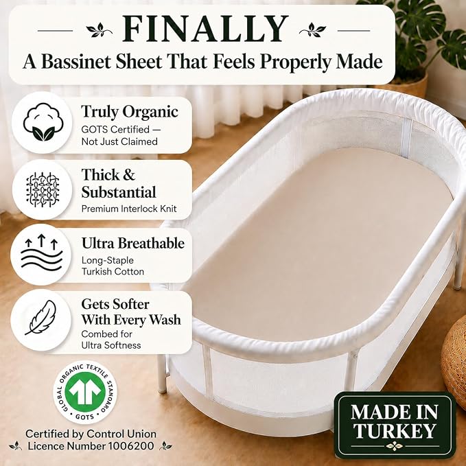 GOTS Organic Bedside Bassinet Sheets Fits 35x19 and 33x20 Compatible with Most Popular Bedside Sleepers, Premium Weight Plush - Ultra Breable Long Stable Turkish Cotton