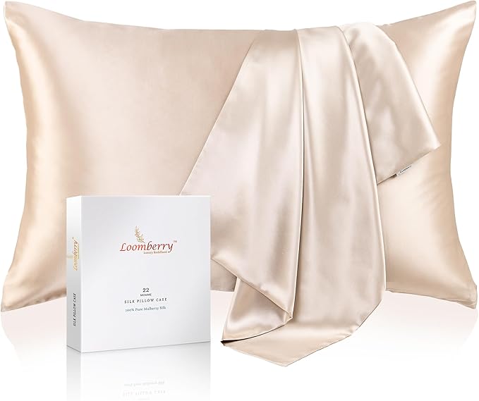 100% Pure Mulberry Silk Pillowcase for Hair and Skin, 6A Grade 22 Momme Silk Pillow Cases with Zipper, Soft Cooling Washable Both Sided Silk Pillow Cover (Beige, Queen 20''x30'')