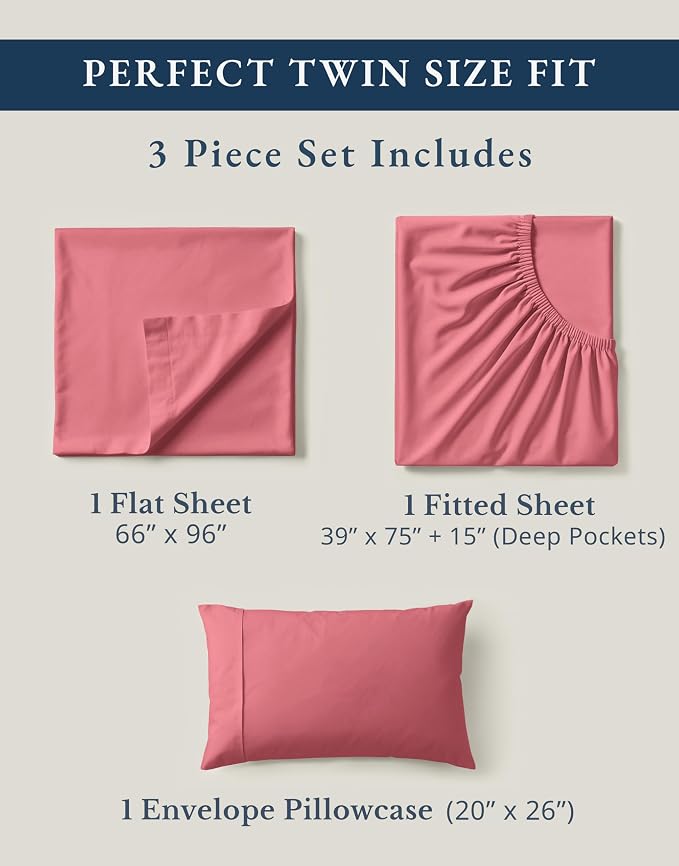 LANE LINEN Twin Sheet Set 100% Organic Cotton 3pc Percale - Mineral Red | Twin Sheets In GOTS Certified Organic Cotton Percale - All-Season Comfort, For Dorm & Guest Rooms, Crisp Hotel-Style Feel