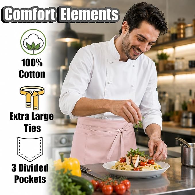 Waist Apron with 3 Pockets Waterdrop Resistant Premium Cotton Waitress Apron Server Apron Chef Apron (BLUSH PINK, PACK OF 1)