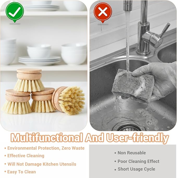 10pcs Natural Wooden Dish Brush Replacement Heads with Sisal Bristles – Eco-Friendly Kitchen Scrubber Refills for Pots, Pans, Utensils – Safe Scratch-Free Cleaning Brush Heads (1.89x1.57in)