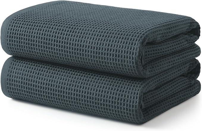 ecolook Waffle Bath Towel Set of 2, 100% Cotton Lightweight & Quick-Dry Bath Towels, Ultra-Absorbent and Breathable, Lint-Free Hotel & Spa Towels for the Bathroom, Gym, and Travel - Dark Gray