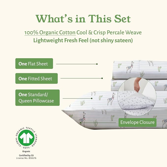 California Design Den Printed Twin Extra Long Sheet Set, 100% Organic Cotton Percale Sheets, Deep Pocket Twin XL Sheets & Pillowcase Set - Llama
