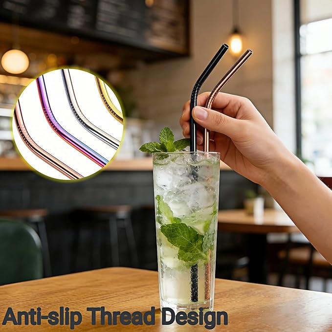 Reusable Stainless Steel Bent Straws, 5 Pack, 8.5 Inch, Food-Grade Metal Drinking Straws with Cleaning Brush, Silver, Black, Rose Gold, Gold, Iridescent