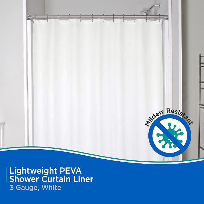 Kenney KN61430 Lightweight 3 Gauge Waterproof PEVA Shower Curtain Liner with Durable Eyelet Hang Holes and Weighted Magnetic Hem for Bathroom, 70" W x 72" H, White, 1-Pack