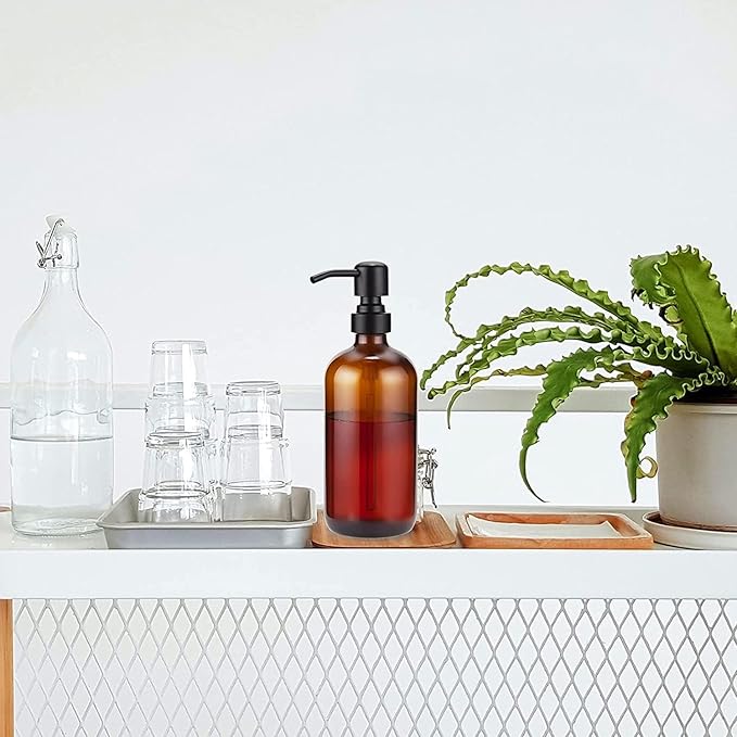 Set of 2 Amber Glass Soap Dispensers with Black Stainless Steel Pump, 17 oz Hand Soap Dispenser for Liquid Lotion, Bathroom and Kitchen Soap Dispenser