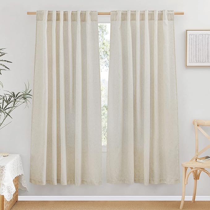 NICETOWN Living Room Curtains 72 inch Long 2 Panels Set, Rod Pocket & Back Tab Privacy Added with Light Filtering Linen Curtains & Drapes for Farmhouse, Natural, W55 x L72, 2 Panels