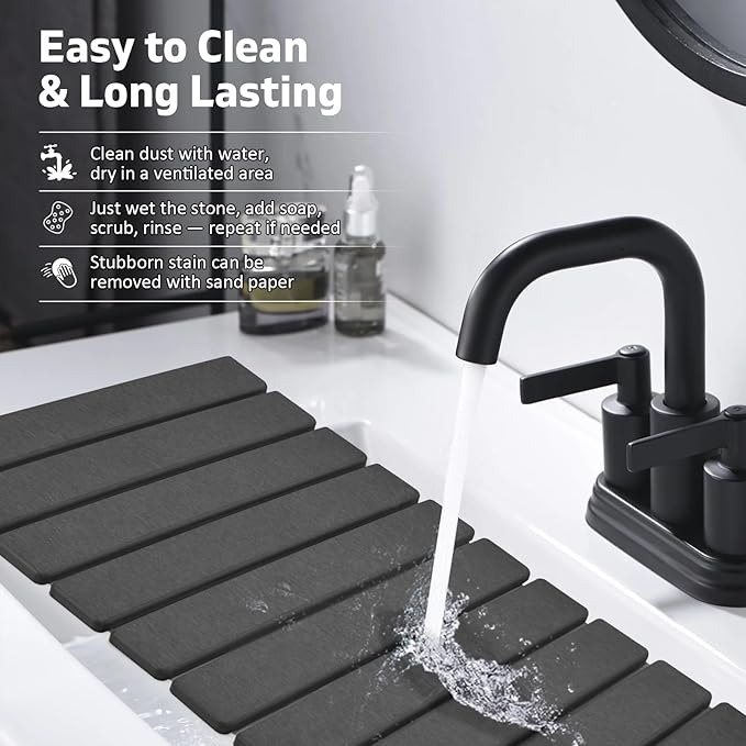 Large Stone Dish Drying Mats for Kitchen Counter, Fast Drying Collapsible Drying Mat, Eco-Friendly Absorbent Diatomaceous Earth Mats for Dishes Cups, Match Any Countertop (Dark Gray 24"×16" & 8"x4")