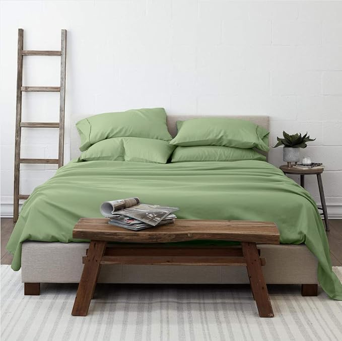 Femini Fashion 100% Organic Cotton Bed Sheets 800-Thread-Count, 16-Inch Deep-Pocket, Luxury Breathable Crisp 4-Piece Bed Sheet Set (1 Flat Sheet, 1 Fitted Sheet, 2 Pillowcases) - Short-Queen, Sage
