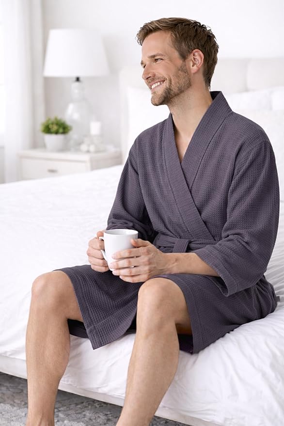 Turkish Linen Men’s Waffle Bathrobe Lightweight Kimono Spa Robe – Quick Dry Bath & Shower Robe for Men with Pockets