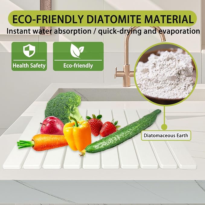 Stone Drying Mat for Kitchen Counter,23.6(L)x15.3(W) Collapsible Quick Drying Dish Mats for Kitchen Counter & Bathroom,Ultra Absorbent Diatomaceous Earth Dish Drying Mat for Dishes Cookware Cups