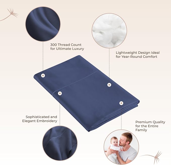 Certified Organic Queen Flat Sheet Only - 100% Organic Cotton Top Sheet with Luxurious Soft and Breathable 300 Thread Count Sateen Weave Finish - GOTS & Fairtrade Certified (Navy, Queen)