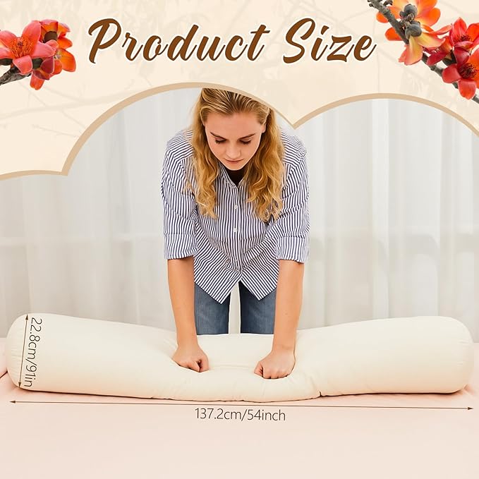 Leinuosen Organic Kapok Full Body Pillow 54" x 9" Long Tube Roll Bolster for Adults, Adjustable Height Firm Support for Side Sleeping, Pregnant Women, Kapok Filling