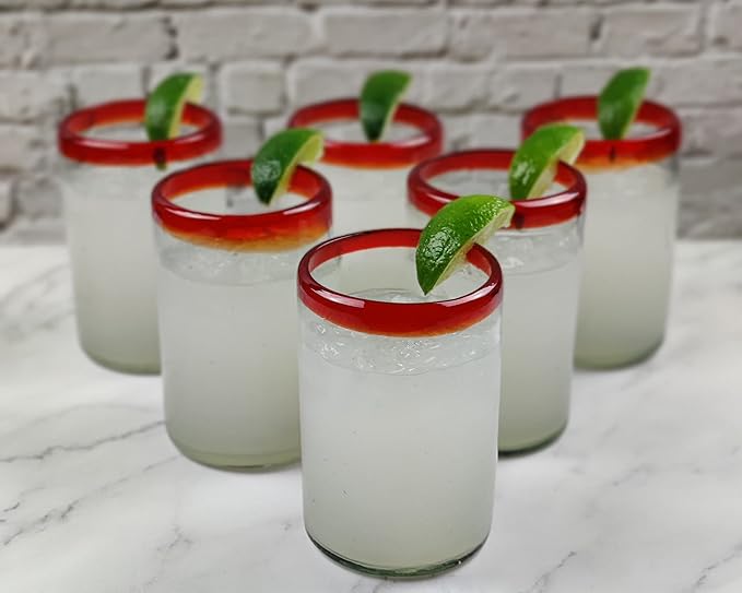 Dos Sueños Hand Blown Mexican Drinking Glasses - Set of 6 Glasses with Red Rims (14 oz each)