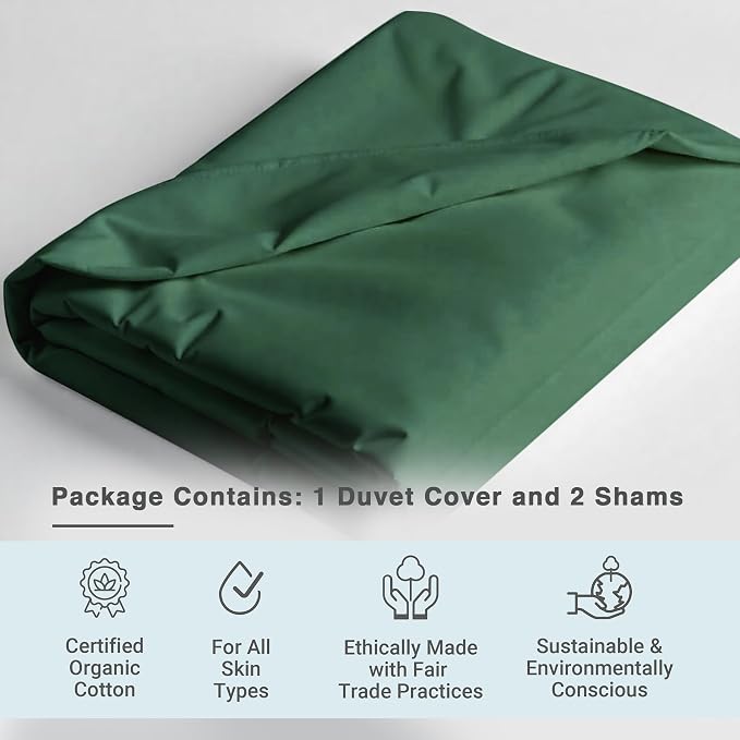 Fabdreams GOTS Certified 100% Organic Cotton Duvet Cover Queen Size - 400 TC Sateen - Soft - Silky - Button Closure - Edge Ties - 1 Duvet Cover (90"x92")+2 Pillow Shams (20"x26") - Forest Green