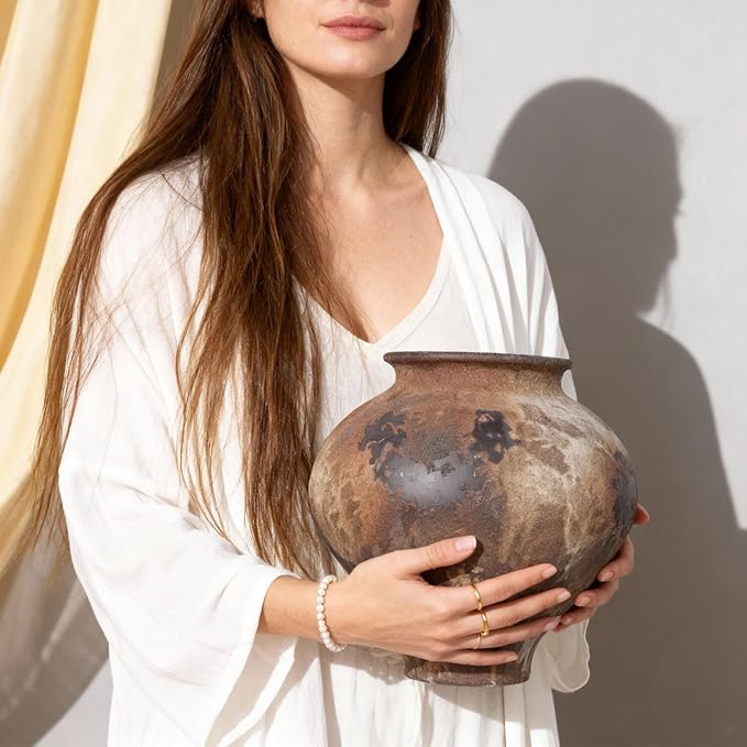 Wabi Sabi Vase 11in, Rustic Ceramic Vase Large, Brown Ceramic Vase, Rustic Vases for Decor Table Centerpiece, Farmhouse Pottery Vases for Home Decor, Vintage Farmhouse Vase