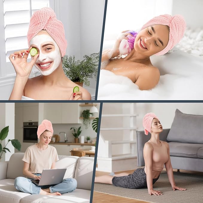 2 Pack Microfiber Hair Towel - 41 x 24 inches Super Soft, Absorbent, Fast Drying Without Frizz Hair Towel Wrap for Women Long, Thick, Curly Hair - Hair Turbans with Elastic Strap