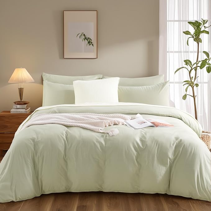 NEXHOME PRO Duvet Cover Set Super Queen 92"x98" Linen Feel Textured Organic Natural 100% Washed Cotton Duvet Cover 3 Pieces Bedding Set Zipper Closure, Breathable, Mint Green (No Comforter)