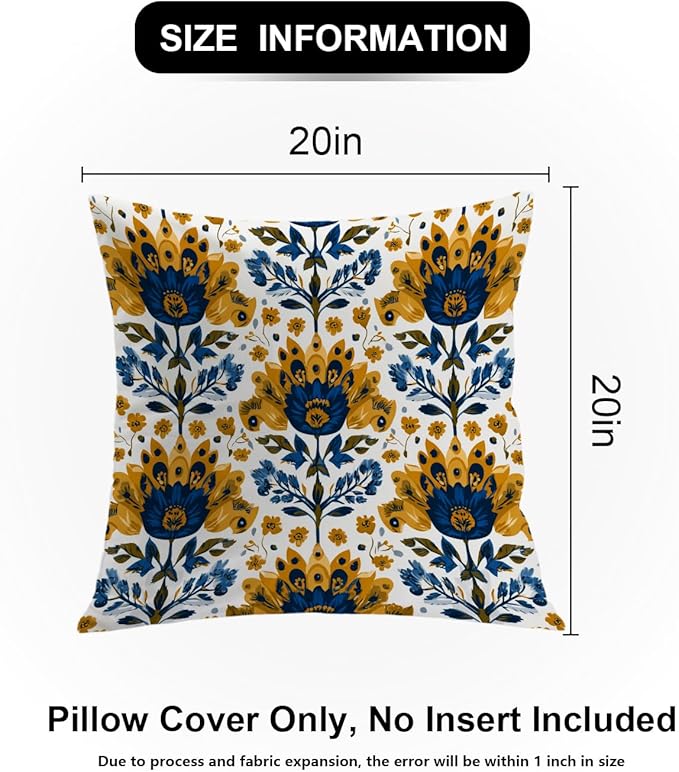 Shrahala Folk Art Floral Motifs Decorative Throw Pillow Cover, Blue Yellow Floral Pattern Square Pillowcase Blended Double-Sided No Inserts for Bedroom Living Room Set of 2 (20 x 20 in)