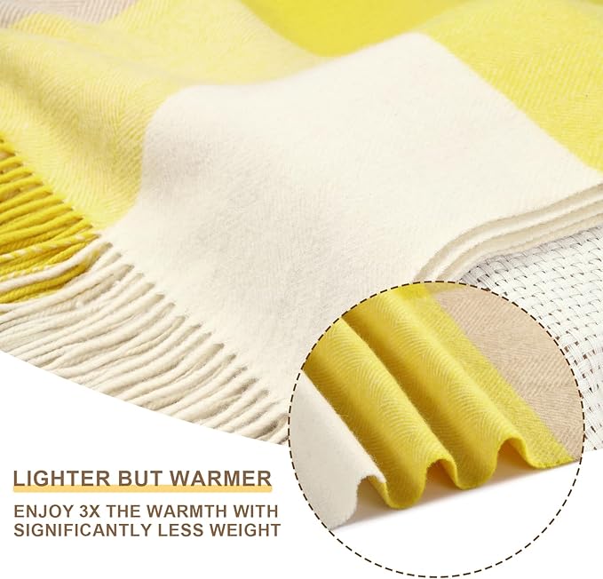 100% Wool Blanket Throw,Yellow Plaid Wool Blanket with Compact Bag,Rustic Soft Lightweight Blanket for Couch,Sofa,Bed & Lounging Decoration,Warm Travel Blanket for Home, Airplane,Ideal Gifts 55"x83"