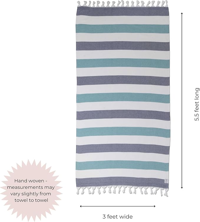 InfuseZen Terry Cloth Lined Turkish Bath & Beach Towel – Striped Design - 100% Organic Turkish Cotton - Soft, Lightweight, Absorbent Peshtemal - Quick Dry for Beach, Bath, Throw, Travel - Navy/Aqua