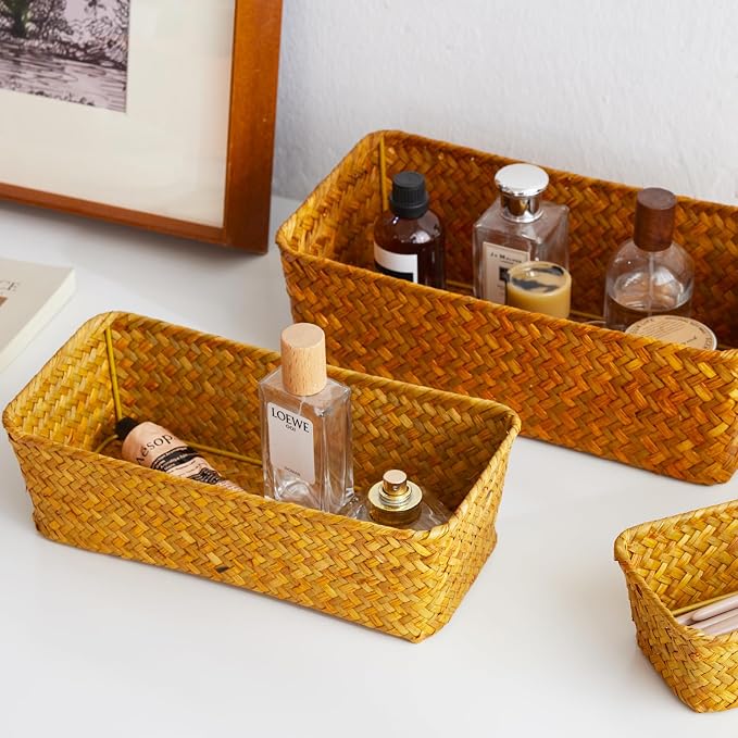 Seagrass Storage Basket, Stackable Open Woven Baskets Bins Container for Organizing Shelves Bedroom Living Room, Set of 3, Natural