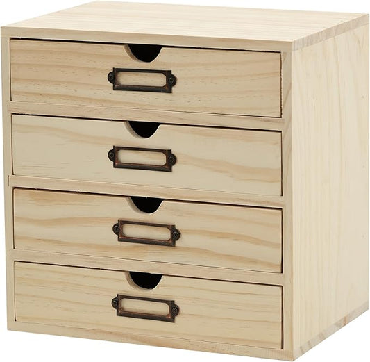 DIY Wooden Desk Organizer with Drawers – Unfinished 4-Drawer Desktop Storage Box – Personalizable Wood Desk Organizer for Crafts, Office, or Home – Compact Wooden Storage Drawers Ready to Decorate