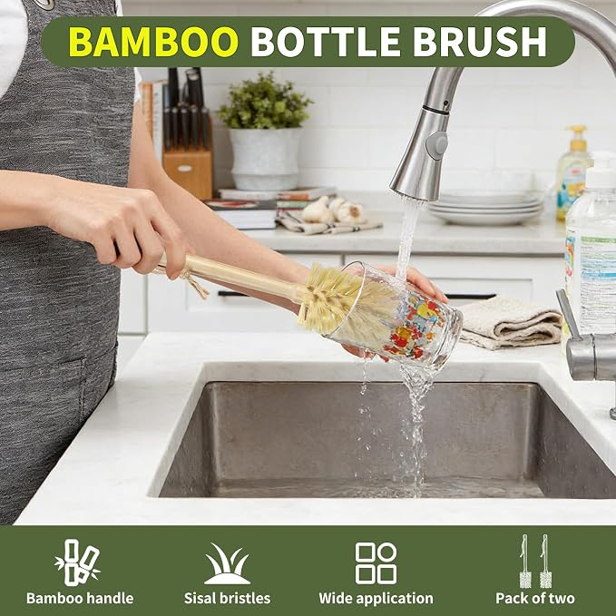 SAMEBUTECO Natural Bamboo Cup Cleaning Brush Set of 2 – 11.5 Inch Sisal Bristle Bottle Brush with Flat Head Design, Wooden Handle with Hanging Hole & Rope for Cups, Mugs, Glasses, Water Bottles