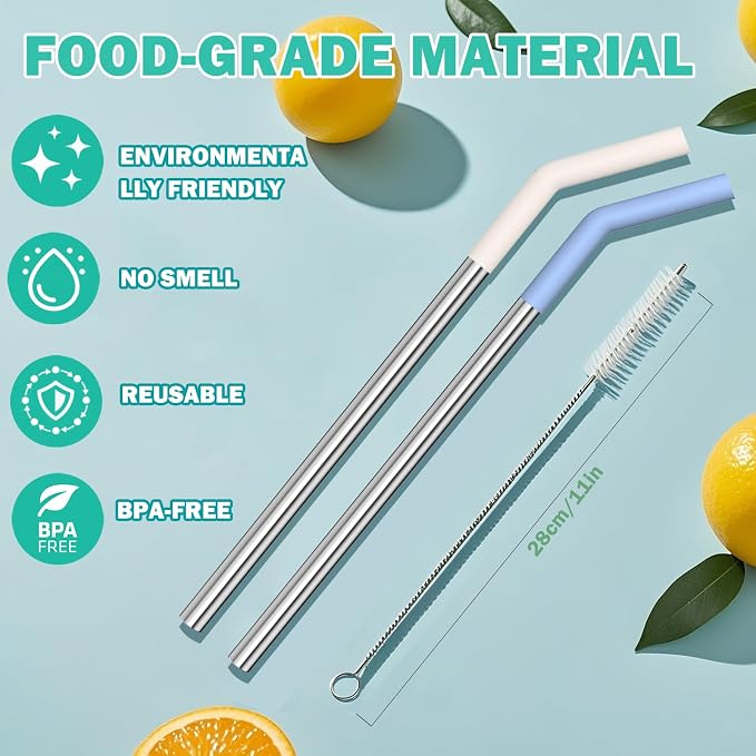 HEYSKAY 3pc Replacement Straws Reusable for Stanley Tumbler 40oz 30oz Metal Replacement Straws with Silicone Tips and Cleaning Brushes