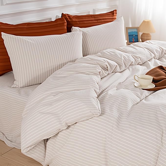 NEXHOME PRO Striped Duvet Cover Twin Size,100% Washed Cotton Bedding Set,Textured Linen Feel,Breathable,Organic,2 Piece(White Stripes 68x90)