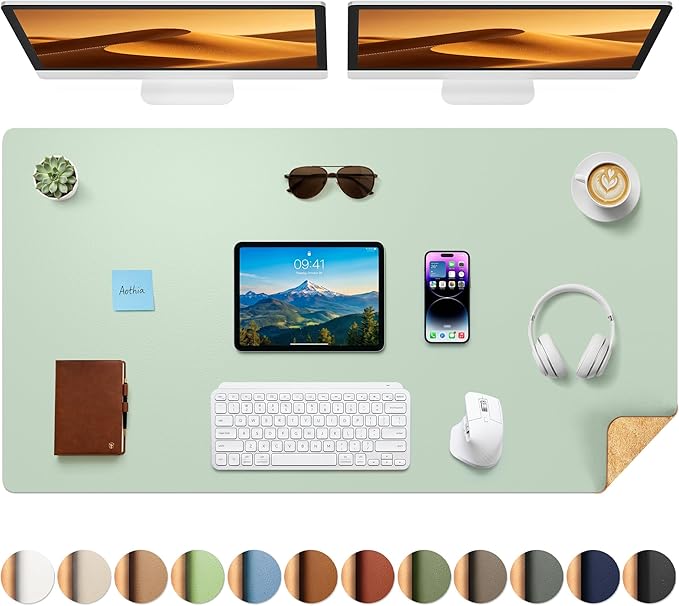 Aothia Cork Desk Mat - Dual-Sided XL PU Leather Desk Pad & Full Desk Protector, Large Waterproof Desktop Mat for Office & Gaming (47" x 23.6", Aqua)